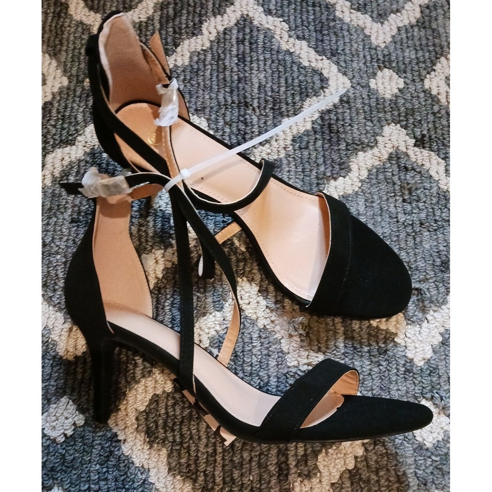 NEW Black Suede‎ Open Toe Strappy Heels, Size 10